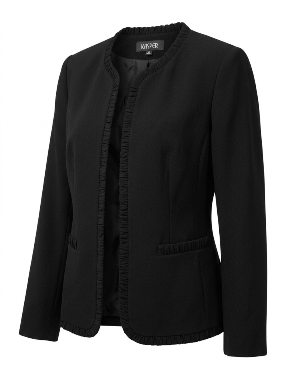 Kasper Black Ruffle-Trim Collarless Blazer